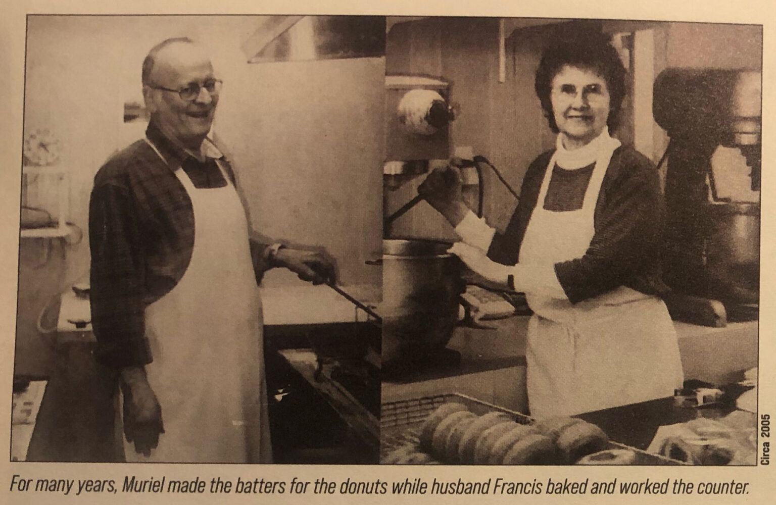 Francis Maville frying the donuts. Muriel Maville making the batters.